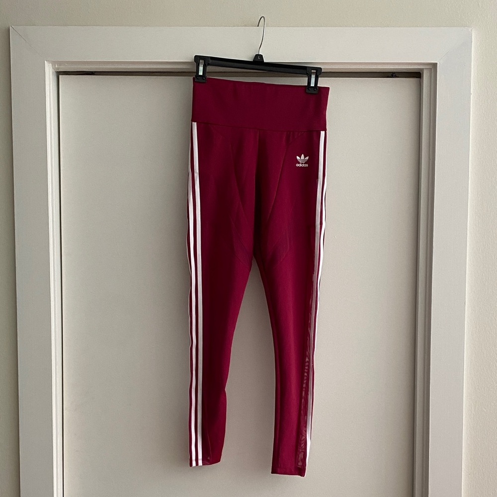 adidas Womens Maroon Leggings with White Stripes